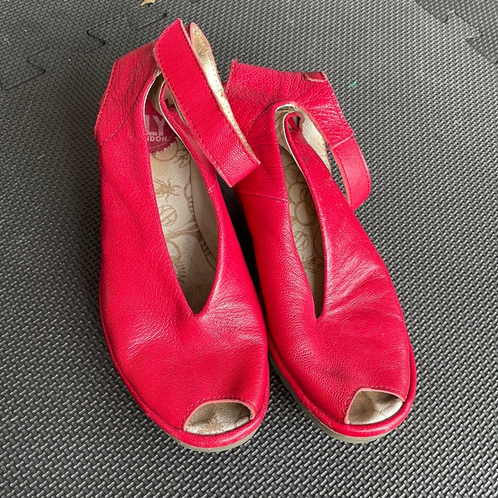 Fly London Yala red leather rubber wedge
